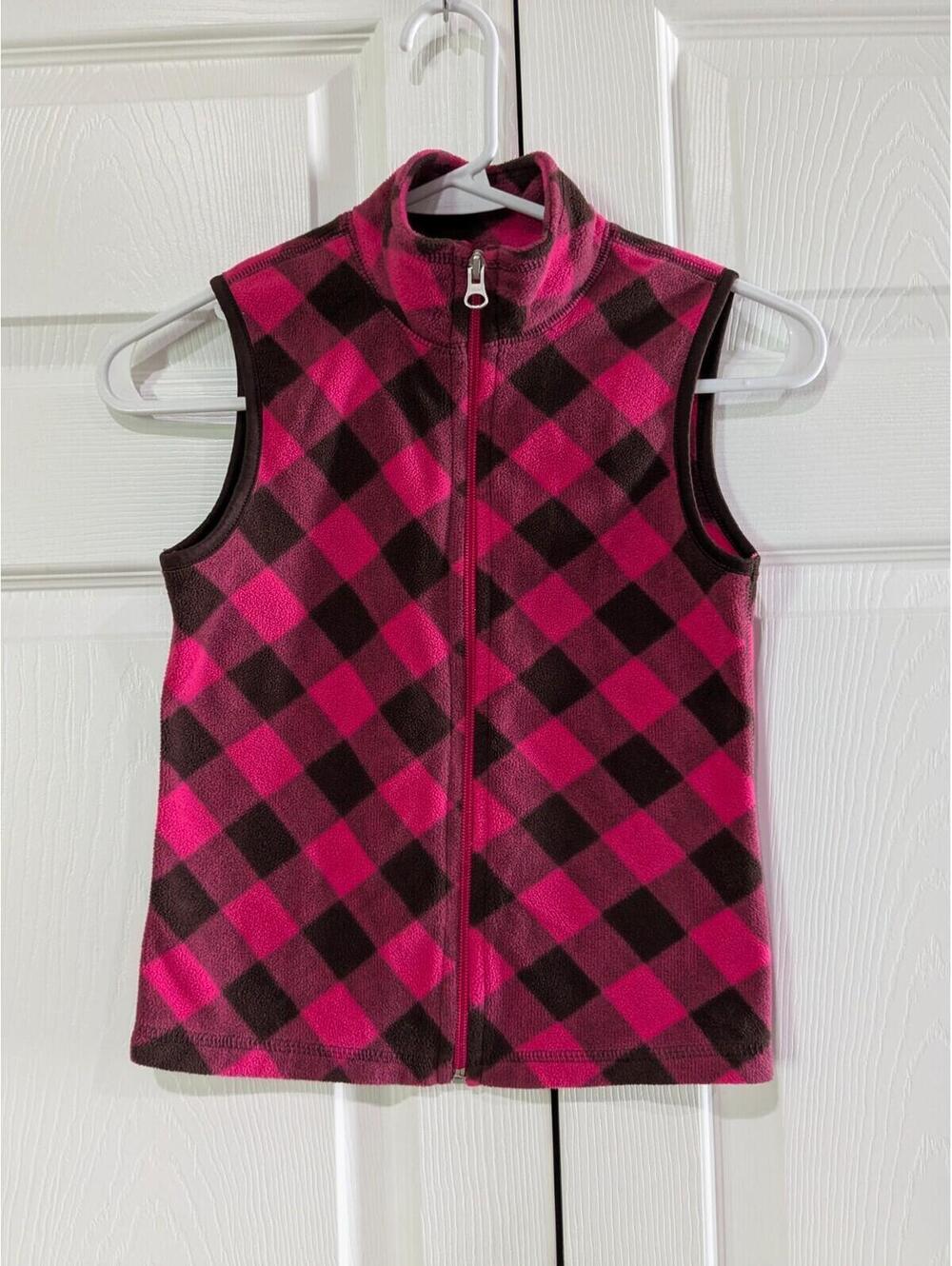 Old Navy Girls Vest Pink Brown Buffalo Plaid Fleece M (8) 2010 Zip Front